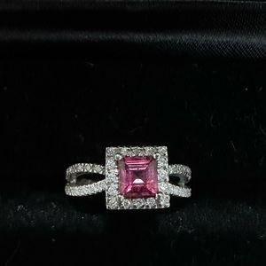 Cushion Cut Fancy Pink Topaz 1/4 Carat Diamond Halo Ring 14K White Gold Size 6.5